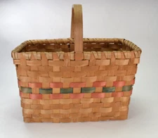 Antq 19th C Woven Splint Gathering Basket Carved Bent Wood Handle 14.5 x 13 x 9