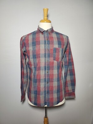 Ocean Current Red Gray Blue Checked Button Down Shirt Long Sleeve Men's Small.