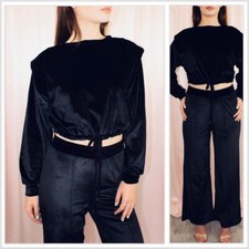 Black velour two piece velvet cropped tracksuit loungewear bottom top co-ord