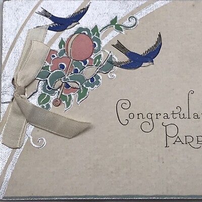 Congratulations Parents Vintage Postcard Flowers Birds Bow Embossed Lindersmith