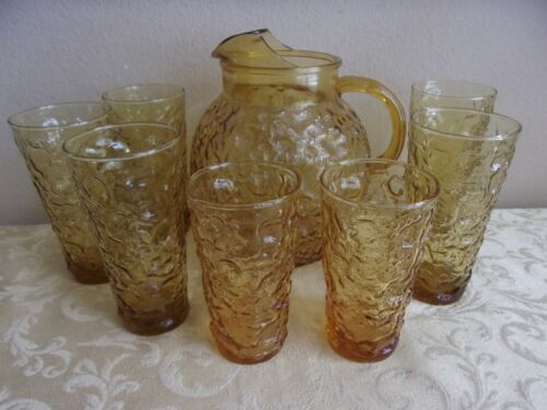 Vintage Anchor Hocking Lido Milano Bernstein Gold - Set aus Krug & 7 Gläsern
