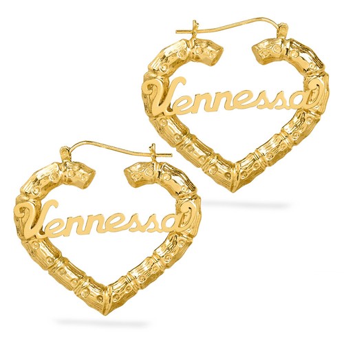 Gold Plated Heart Bamboo Name Earrings 