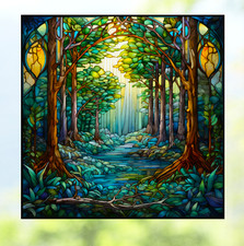 Beautiful Green Forest with Arch Faux Stained Glass WINDOW CLING Size 8" Vinyl