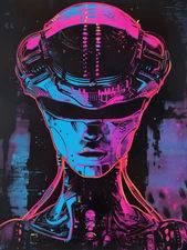 Cyberpunk Neon Helmeted Android Portrait in Vaporwave Colors Poster 18x24in