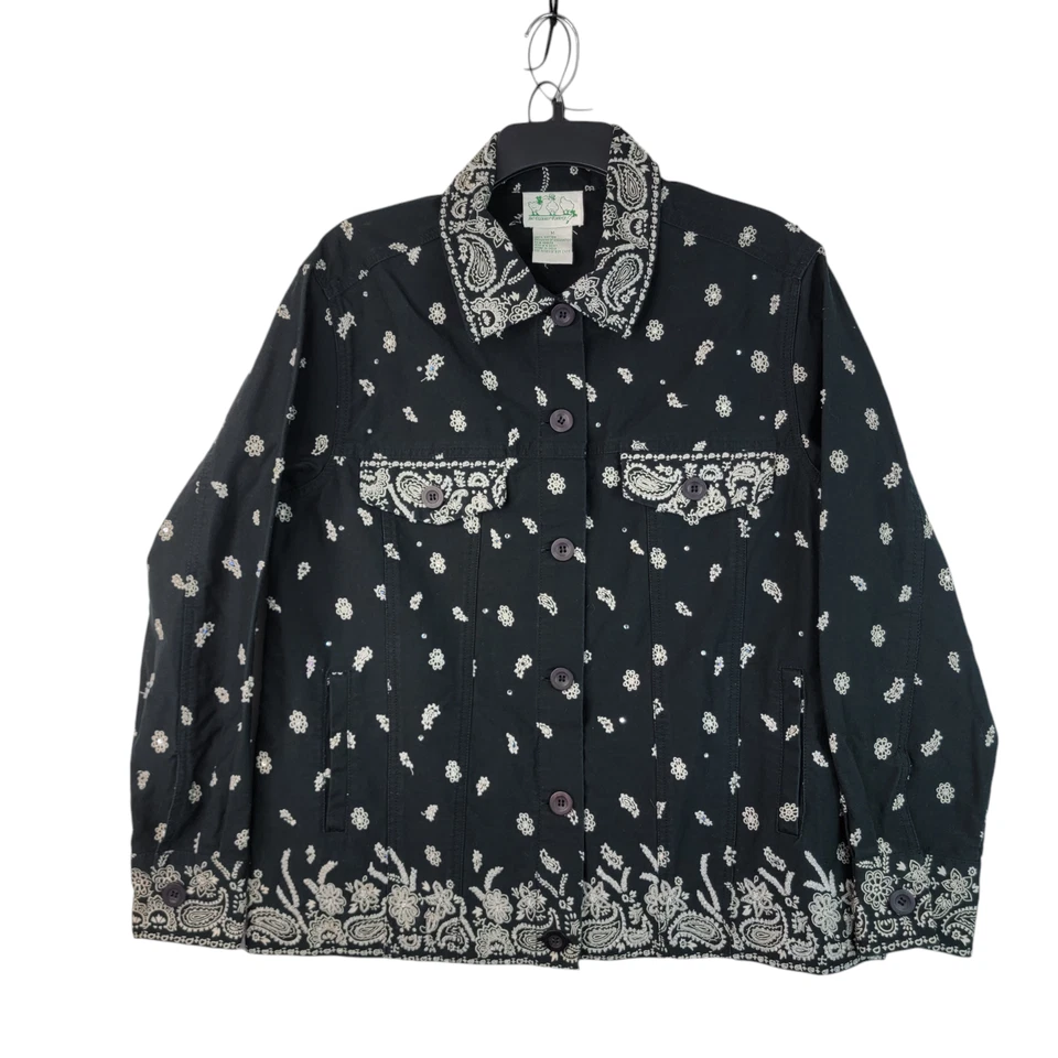 Chaqueta de mezclilla manga larga The Quacker Factory negra con cuentas de cachemira para mujer talla M Foto 2 de 4