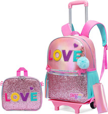3PCS Rolling Backpack for Girls, Glitter Bookbag with Roller Wheels, Kindergarte
