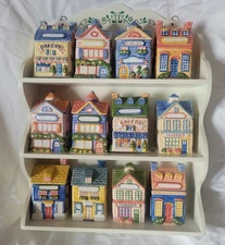 Avon Victorian Houses Spice Cottage 12 Jar Village Set With Labels and Rack 