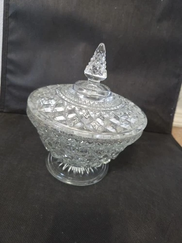 Vintage Anchor Hocking Wexford Cut Glass Crystal Candy Dish with Lid 6x7.5”
