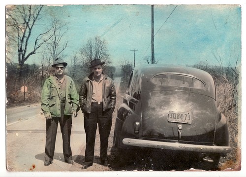 Vintage 1942 Hand Tinted Photo Men 1941 Ford Coupe NY Antique Car License Plate