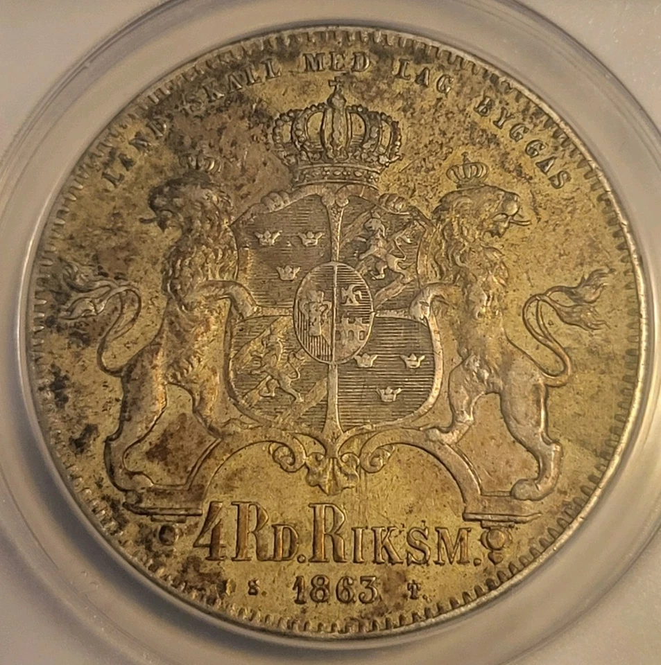1863-ST 4RDS, SWEDEN 4 RIKSDALER, ANACS AU 50 DETAILS, RARE, 268K MINTAGE - Image 4 of 4