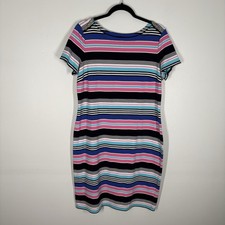 Talbots L Preppy Button Detail Short Sleeve Multicolor Stripe Jersey Shift Dress