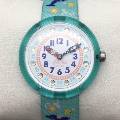 Flik Flak Girls Watch 30mm White Dial Aqua Fabric Strap Dolphins New Battery