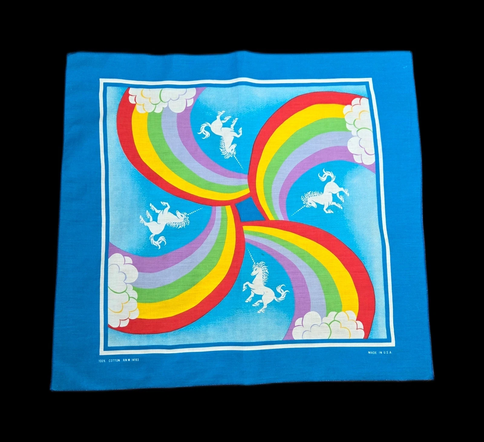 Vintage 80's Wamcraft Bandana Scarf Rainbow Unicorns Clouds Sky Blue USA Pride