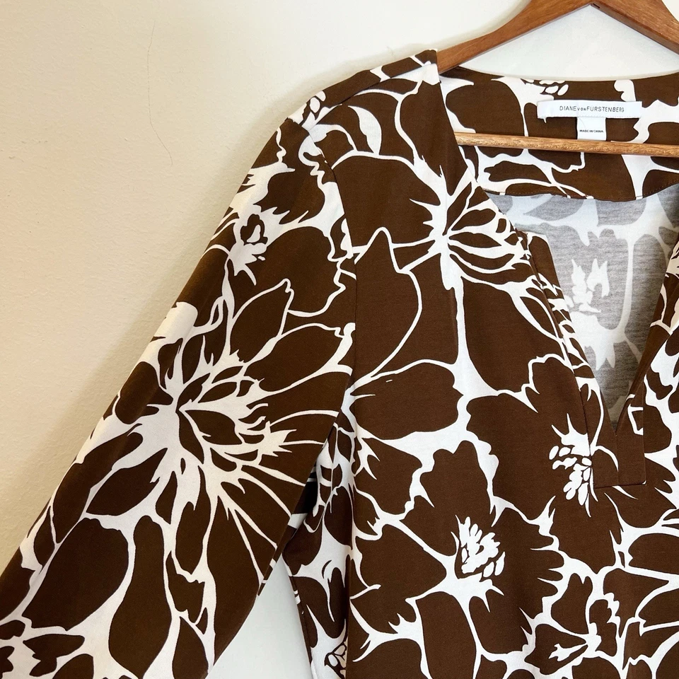 Diane Von Furstenberg Dress 14 Brown White Reina Floral Long Sleeve Mini Stretch - Image 3 of 4