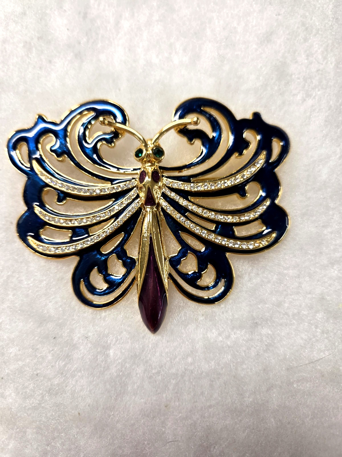 Vtg Cindy Adams Butterfly gold tone epoxy rhinestone huge pendant Pin