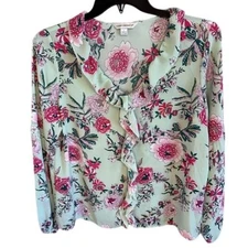 Counterparts Women's Mint Green Floral Ruffle V-Neck Long Sleeve Blouse Size LG