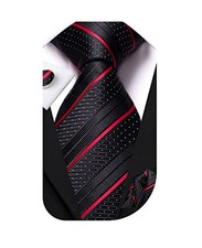 Mens Paisley Striped Tie and Handkerchief Cufflinks Tie Set for Men Black Red