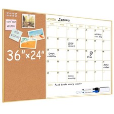 Magnetic Monthly Wall Calendar Whiteboard with Cork Board, 36x24, Gold Frame