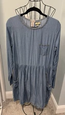 Ethereal by Paper Crane Tencel Denim Large L Dress Womens Pockets Braided Neck