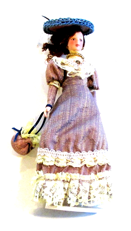 Miniature 1:12 Porcelain Woman Doll On Stand In Purple Lace Dress