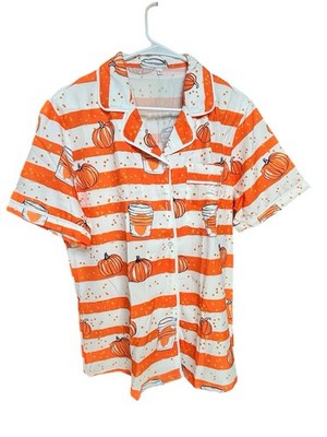 Cute Orange Halloween Pumpkin Shirt And Short Set, Size M, Loungewear, Sleepwear