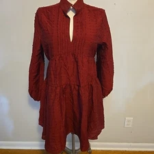 Pomander Place Tuckernuck Babydoll Mini Dress Long Sleeves Deep Red M