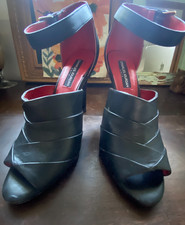 Charles Jourdan Paris Kiddy Peep Toe Size 8 Black Leather Stiletto Heel Vintage