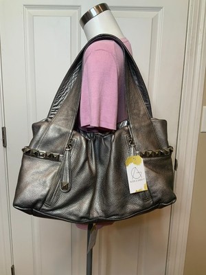 B. Makowsky Silver Pebbled Leather Large Studded Double Strap Purse Bag