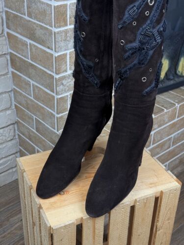Prada Brown Suede Beads Knee High Heels Zip Boots Size US9 EU39 - Picture 4 of 19