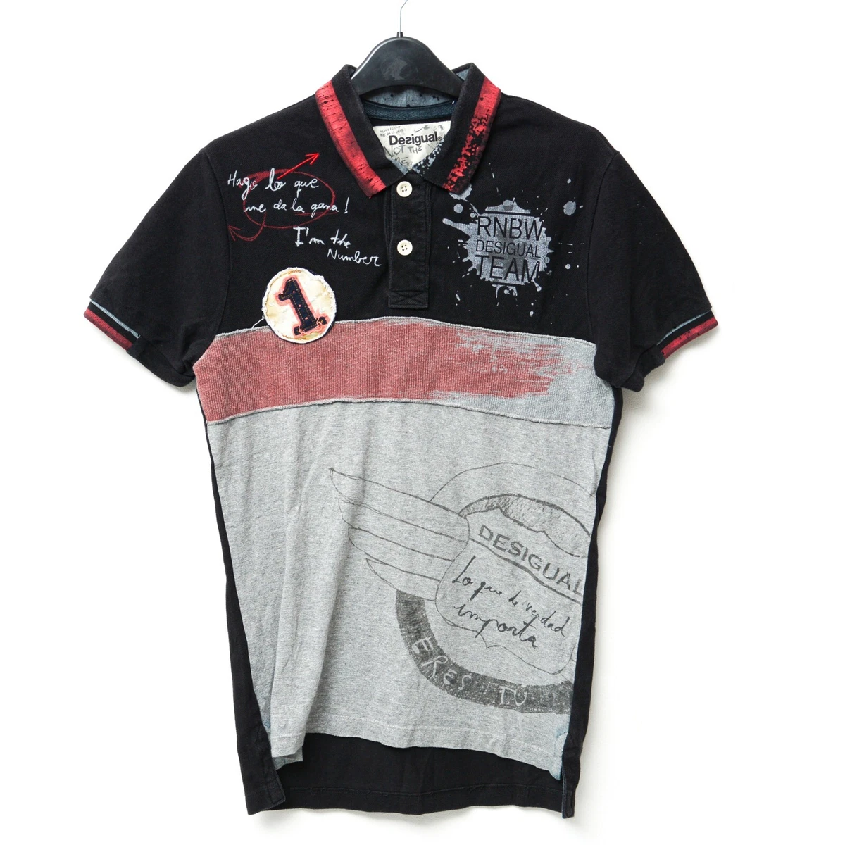 Desigual HOMBRE S Ajustado Polo de Manga Corta Camiseta Gris Algodón Negro