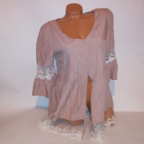 Umgee Blouse Women Medium Pink White Boho Peasant Lace Bell Sleeve Cottage Core
