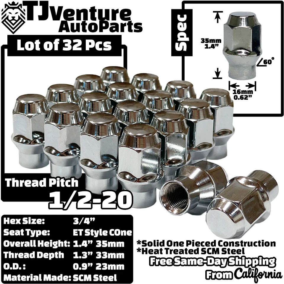 Tuerca de bellota estilo ET 32 piezas cromada 1/2-20 3/4" hexagonal ajuste antiguo Ford F250 F350 8 orejetas Foto 2 de 4