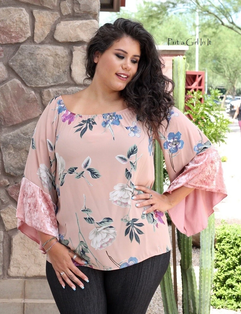 PLUS SIZE Womens ON OFF SHOULDER BLUSH PINK FLORAL VELVET BLOUSE SHIRT 1X  2X 3X