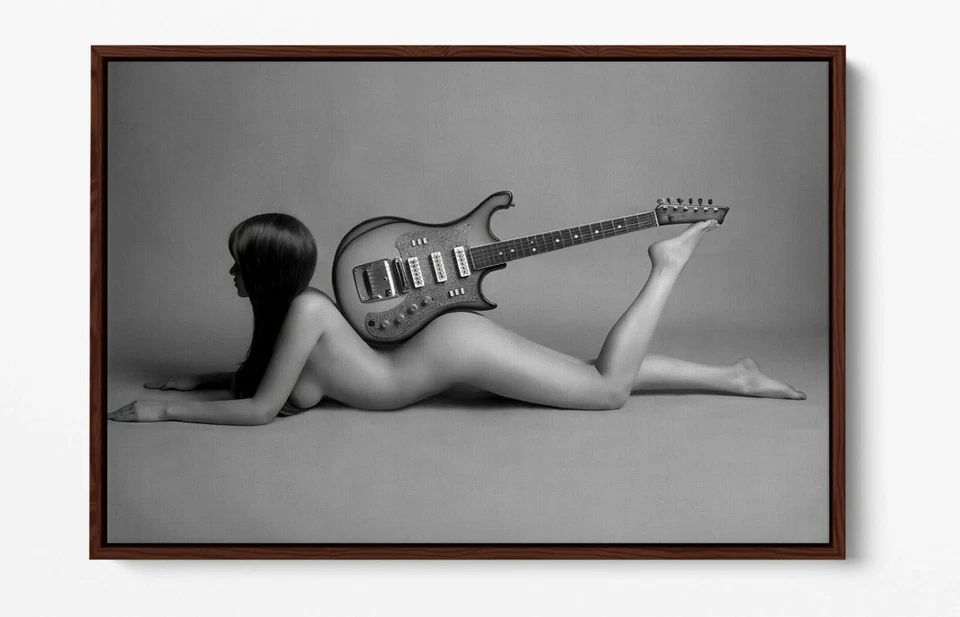 NUDE WOMAN GUITAR -DEEP FRAMED CANVAS WALL ART PICTURE PAPER PRINT-BLACK & WHITE - Image 3 of 4