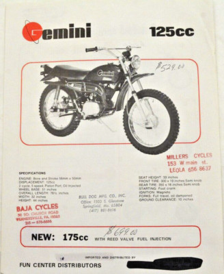 1975 Gemini 80cc-50cc-125cc -175cc Factory Dealer Sales Brochure w/Prices