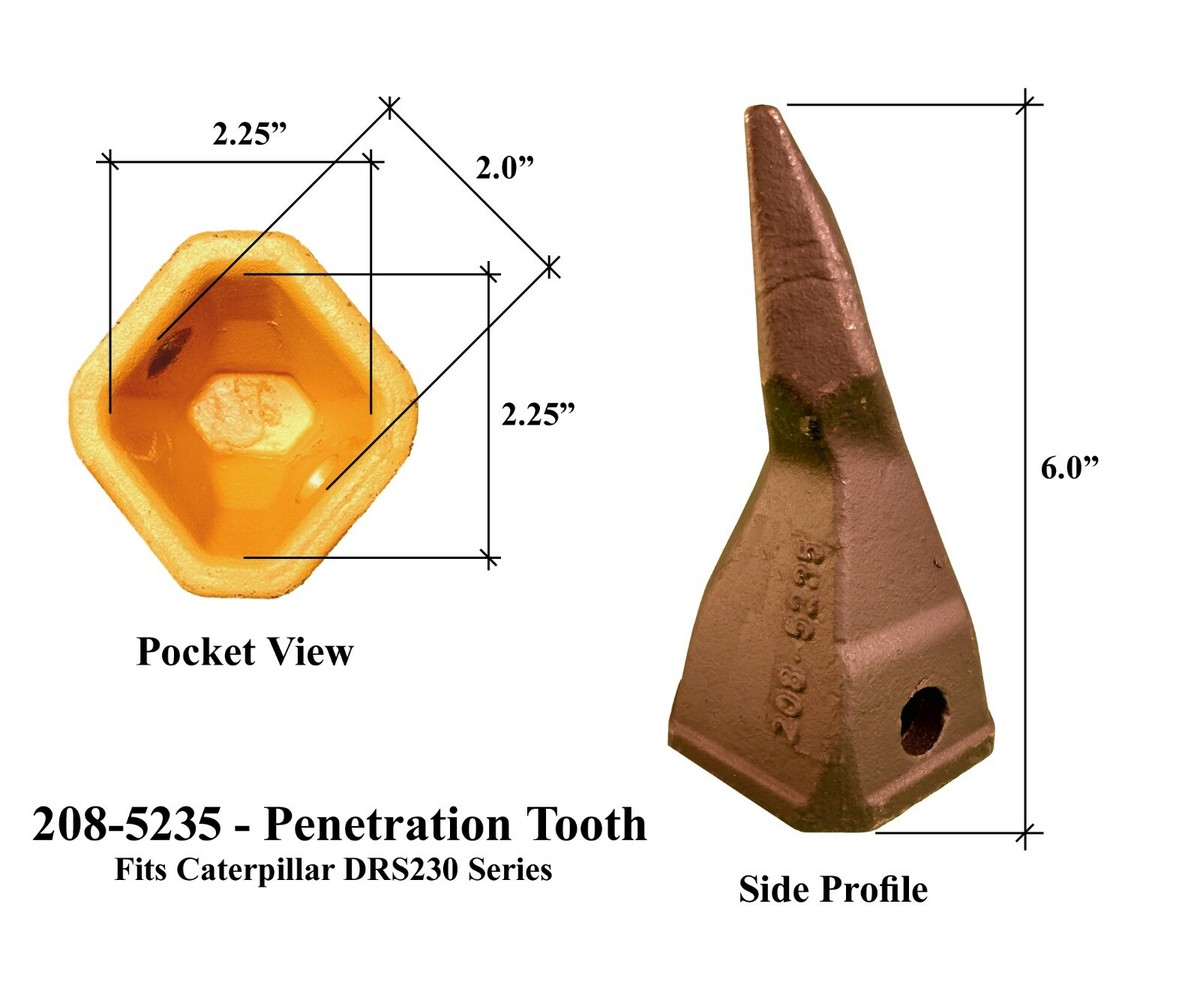 5 Backhoe Bucket Teeth 208-5235 - Penetration Tip, w/ Pin, fits