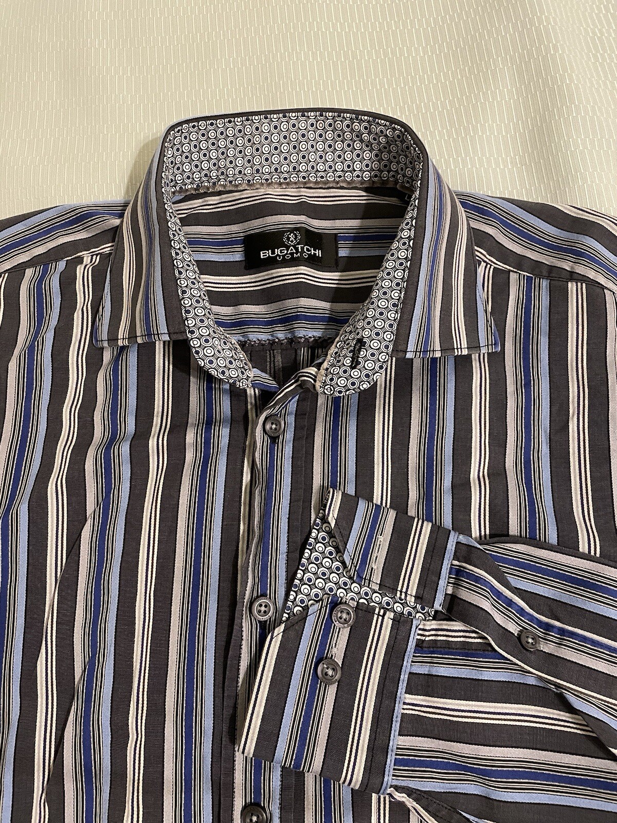 Bugatchi UOMO  Blue Cotton Striped Pattern Long S… - image 1