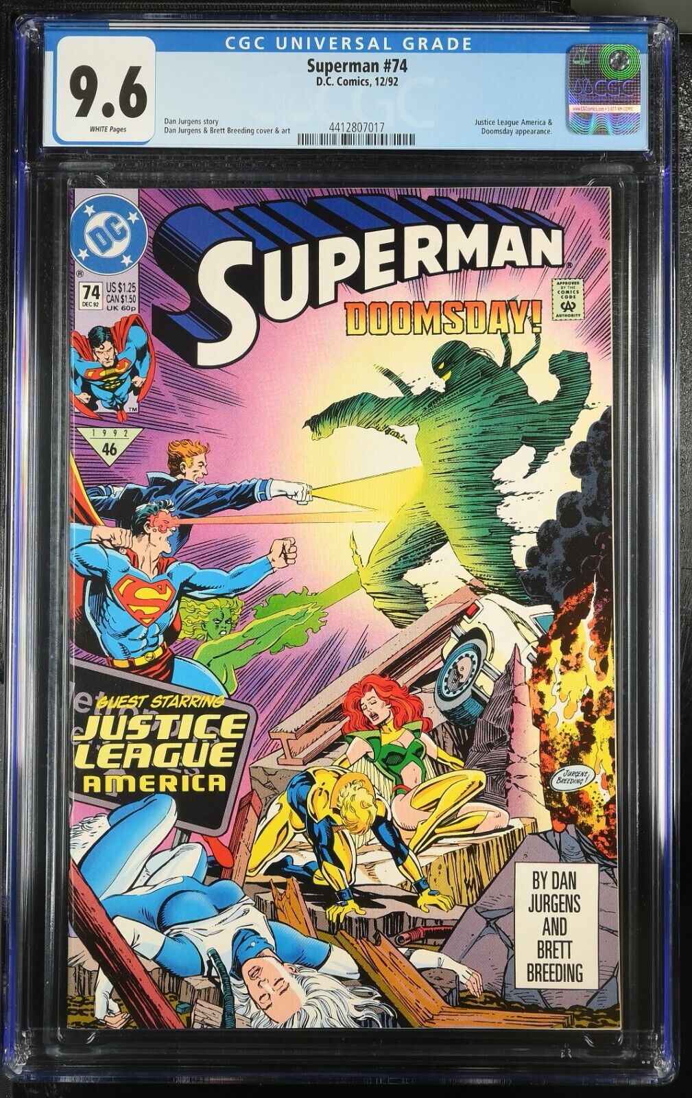 SUPERMAN #74 CGC 9.6 First battle of Superman versus Doomsday DC Comics 1992