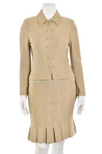 St John Evening 2Pc Khaki/Pale Gold Glitter Knit Beaded Jacket & Skirt Suit sz 8 - Picture 2 of 12