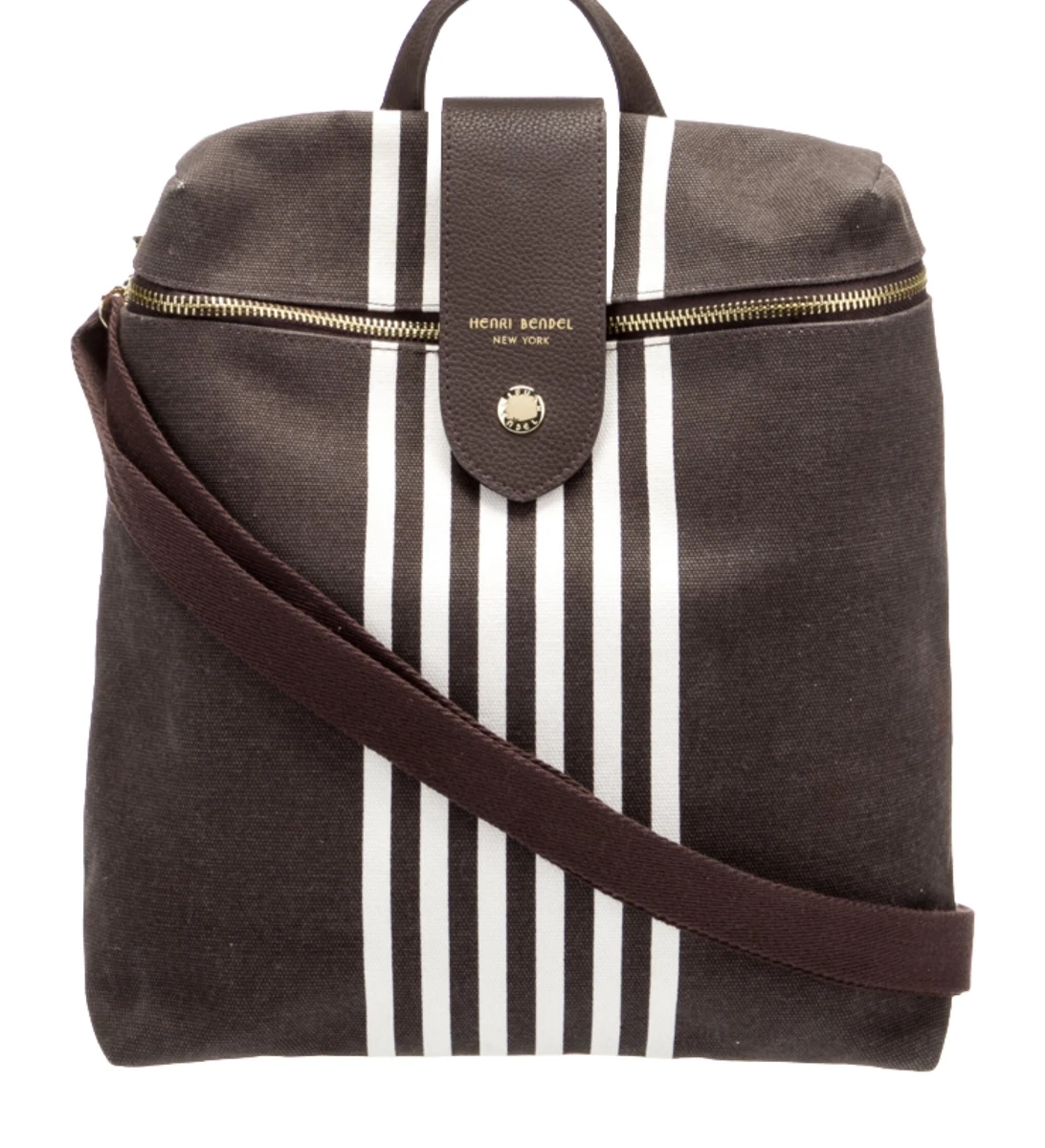 Henri Bendel Bag Purse Backpack Brown White Striped Canvas Travel