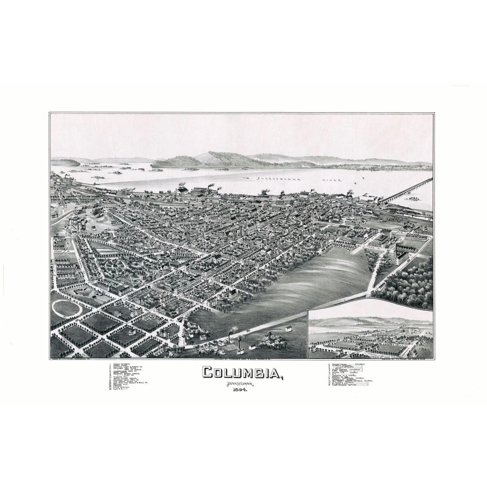 Historic Panoramic View - Columbia Pennsylvania - Moyer 1894 - Vintage Wall Art