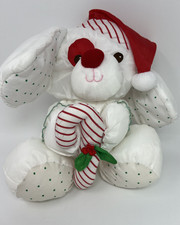 Vintage Fisher Price Christmas Puffalump Nylon Puppy Dog Holding A Candy Cane