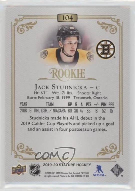 2019-20 Upper Deck Stature Rookies /399 Jack Studnicka #104 Rookie RC - Image 2 of 2