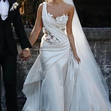 One Shoulder Wedding Dress with 3D Flower Appliques Illusion Ruched Bride Gown