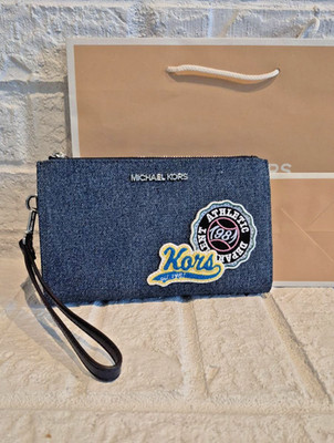 Michael Kors Jet Set Travel Embellished Denim Wristlet Wallet Handbag Designer