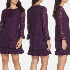 Eliza J Women Size 6 Purple Lace Bell Sleeve Ruffle Shift Dress NWT Cocktail