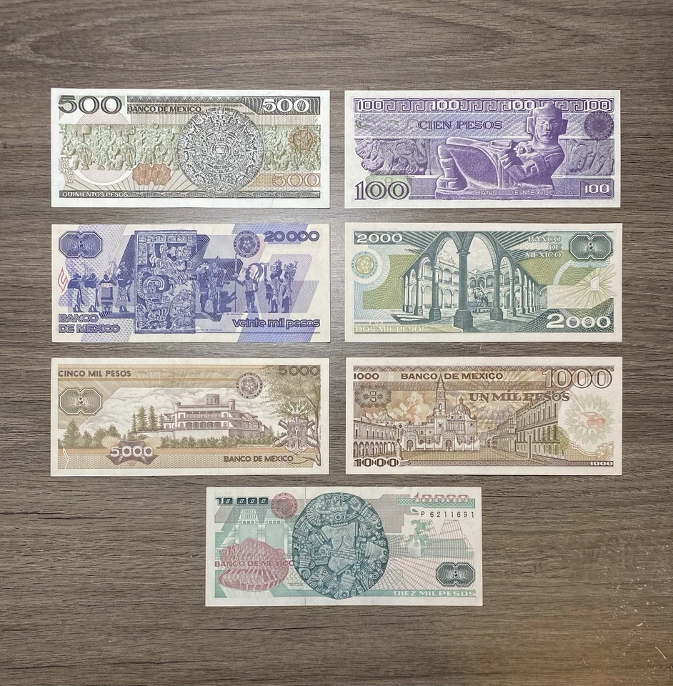 Colección de 7 Billetes de Pesos Mexicanos, 1982 - 1989 - Billetes Circulados Foto 2 de 2