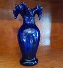 Vintage Old Hickory Handblown Cobalt Blue Fluted Ruffled Rim Vase 8 1/2"