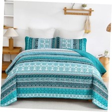 Boho Quilt Set Size 3 Pieces Bohemian Striped Patchwork Bedspread Queen Teal