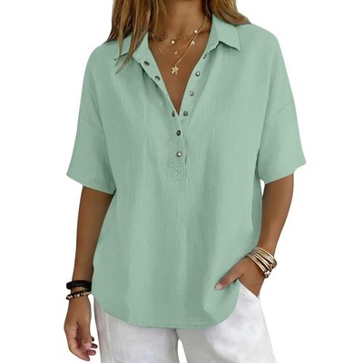 Women Cotton Linen Tops Button Down V Neck Half Sleeve Summer Gauze Blouse